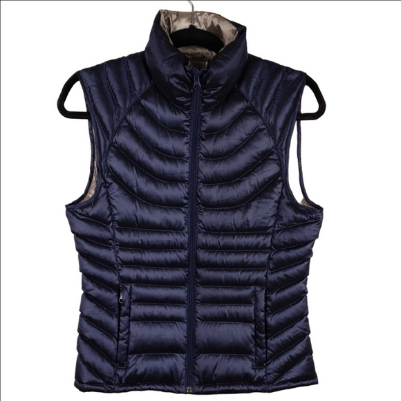 Bernardo Goose Down Navy Funnel Neck Sleeveless Zip Front Outdoor Puffer Vest - Picture 1 of 13